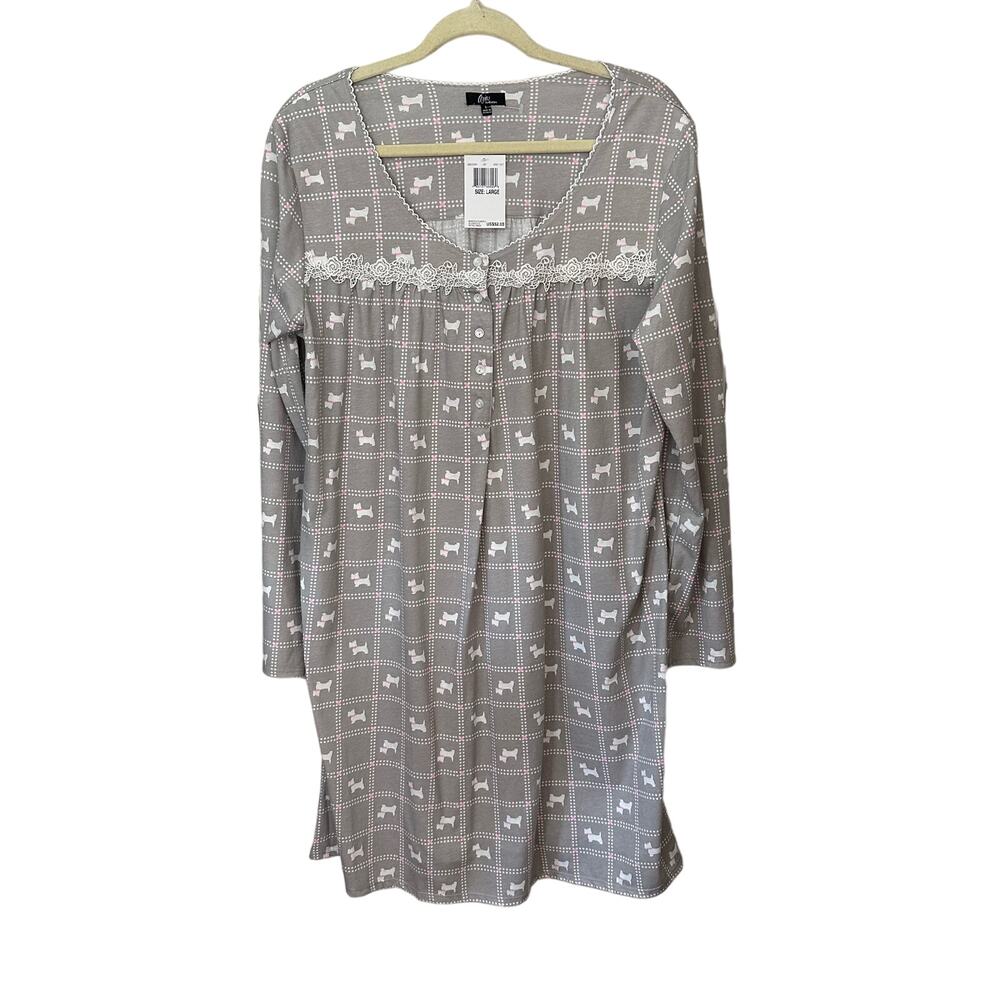 Aria Pajama Gown Womens Large Scottie Dogs Gray Pink White Embroidered Pullover